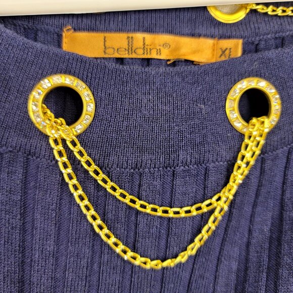 Belldini Ribbed Navy Sweater Gold Chain Rhinestone Detail XL Cotton Viscose - Picture 2 of 10